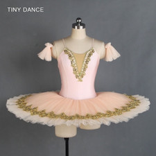 Pale Pink Professional Ballet Dance Gold Sequin Trim Dance Platter Tutu Dress