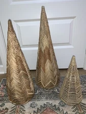 Vtg Set/3 Rustic Woven Rattan Wicker Cone Christmas Tree Decor  22” 20” 12” Tall