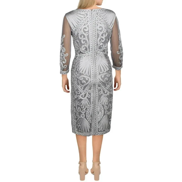 JS COLLECTIONS Silver Soutache Ribbon Embroidered Sheer 3/4 Sleeve Dress 8 = M - Image 3 of 4