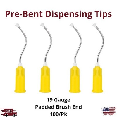 100/Pk Pre-Bent Dispensing Applicator Tips 19ga Yellow Padded Brush Disposable