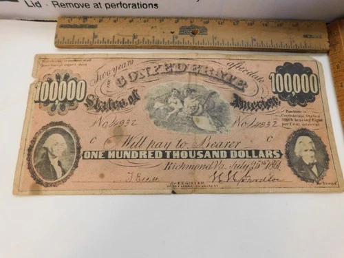 Civil War Document- CS Confederate 100,000 Banknote