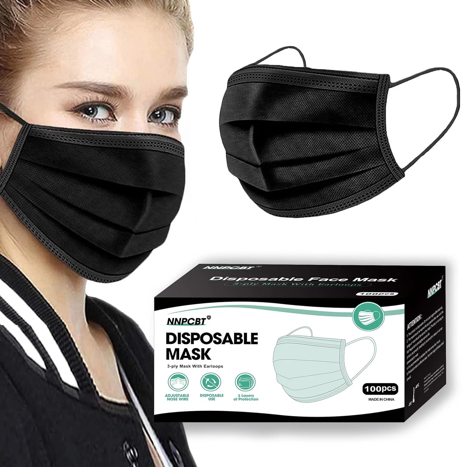 100PCS 3 Ply Black Disposable Face Masks Filter Protection Breathable Earloop