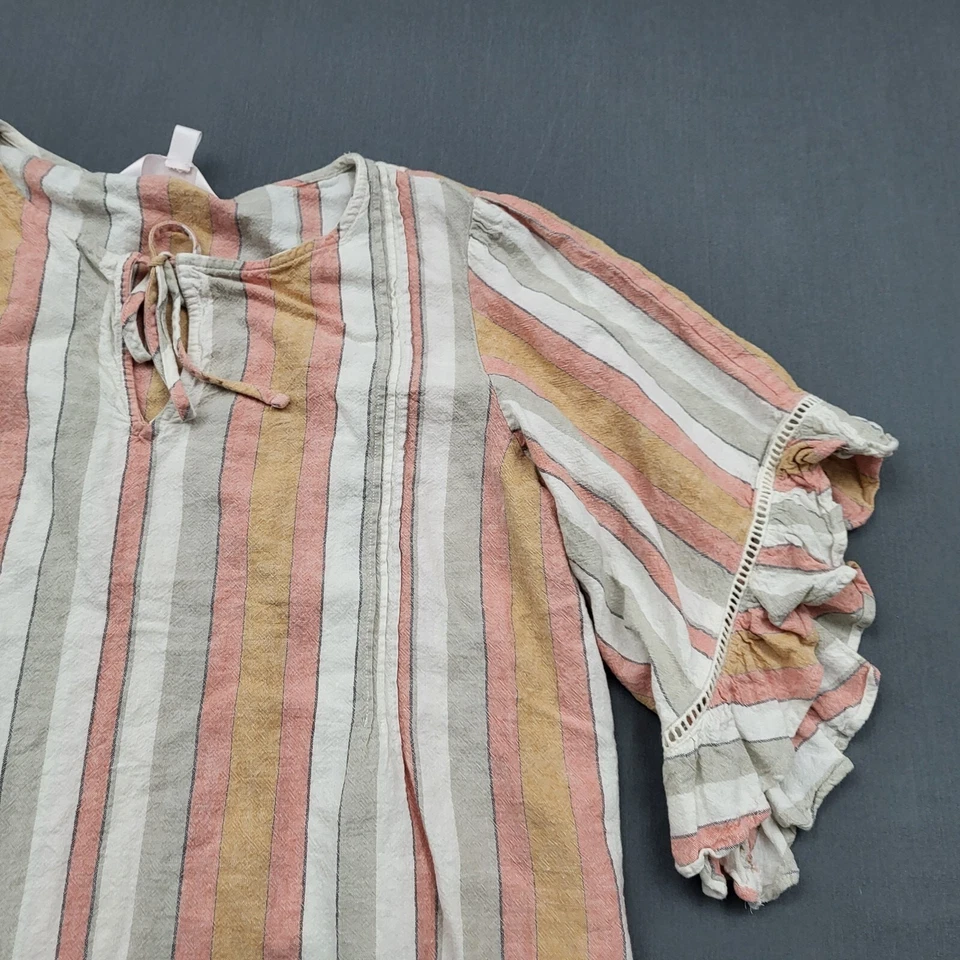 Blusa LC Lauren Conrad Mujer M 3/4 Volantes Manga Lino Cuello en V Rayas Rosa Foto 3 de 4