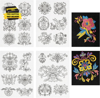 4 Sheets Water Soluble Embroidery Patterns - Stick and Stitch Embroidery Paper f