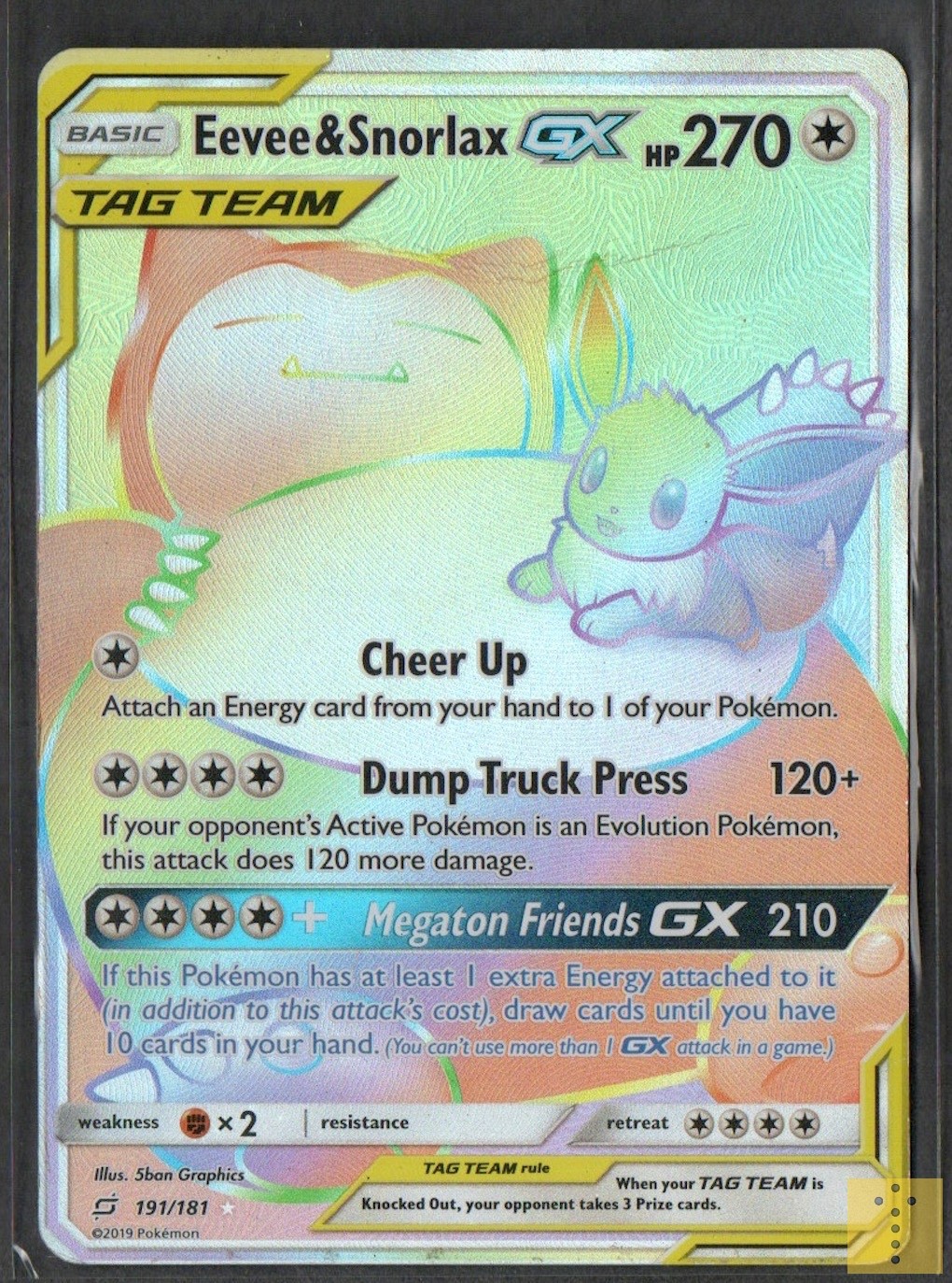 Eevee & Snorlax GX 191/181 Rainbow Rare Team Up Pokemon Damaged