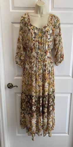 Boho Anthropologie Fig & Flower Sheer Chiffon Floral Tiered Dress Peasant Gr. PXL