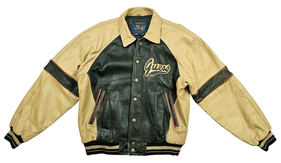 HOT VTG Men's GUESS @ VARSITY BOMBER EMBROIDERED LOGO BLACK TAN LEATHER Jacket M - Image 3 of 4