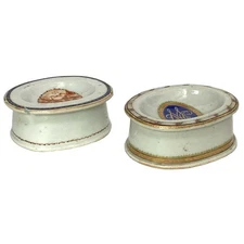 1790s Two Chinese Export Porcelain Armorial and Scenic Open Salt Dips / Cellars