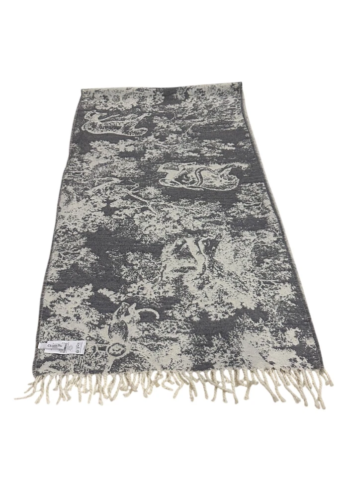 二手 正品 迪奥 59% 羊绒 41% 羊毛 围巾 灰色和白色 — 第 3/4 张图片