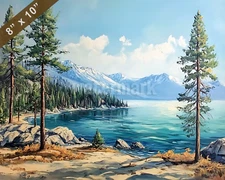Lake Tahoe with pine trees oil painting 8x10 Print
