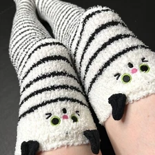 Long Fuzzy Knee Socks Black Cat Furry Thigh Highs Leggings White Stockings Warm