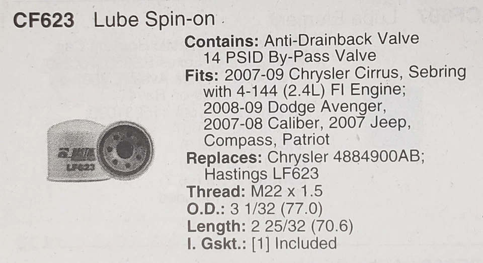 Filtro de aceite para GM Hummer Saab Chrysler Jeep Alfa Romeo, CF623 (Ver descripción) Foto 4 de 4