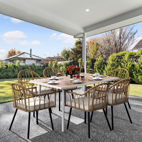7 Pieces Outdoor Patio Dining Table Set, Rattan Wicker Patio Dining Chair & Tabl