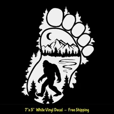 Bigfoot Sasquatch Yeti 7" x 5" White Decal Wilderness Pine Tree Forest Mountain