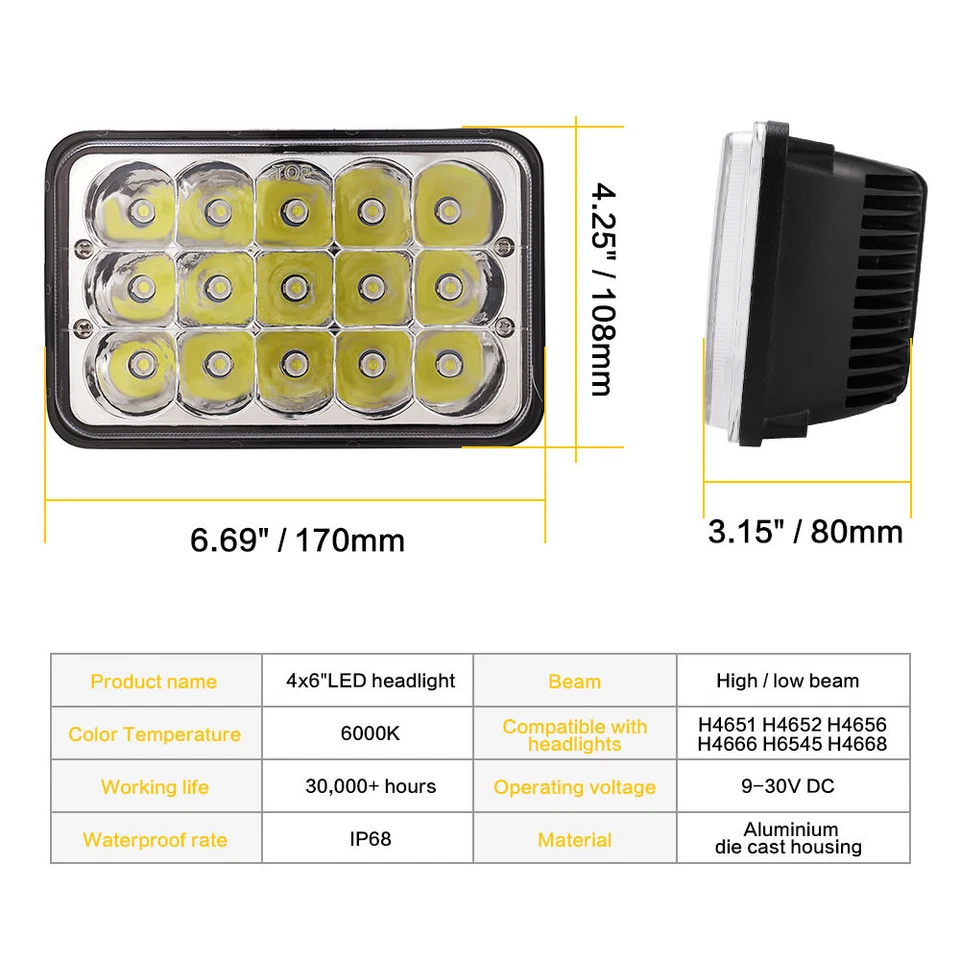 4X 4"x6" Faros LED Bombillas Reemplazar Faro Sellado HID H4656/4651 Foto 3 de 4