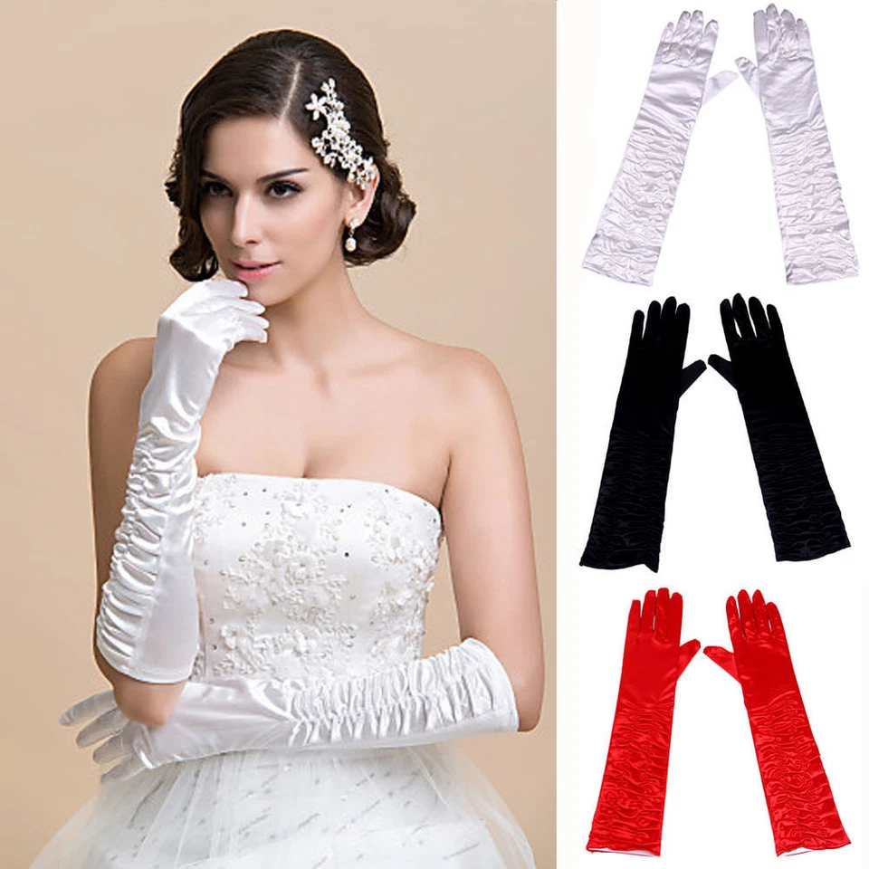 Guantes largos plisados para boda nupcial guantes de satén para noche fiesta graduación disfraz Foto 2 de 4