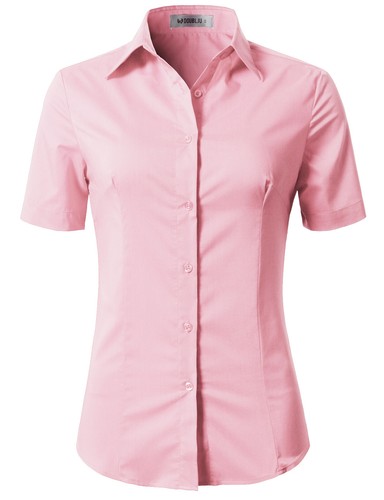 Womens Button Down Shirt Basic SLIM FIT Simple Short Sleeve Collared S010 - Picture 9 of 95