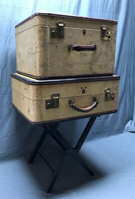 Antique Vintage Pair Travel Suitcases Old with Wood Stand Table