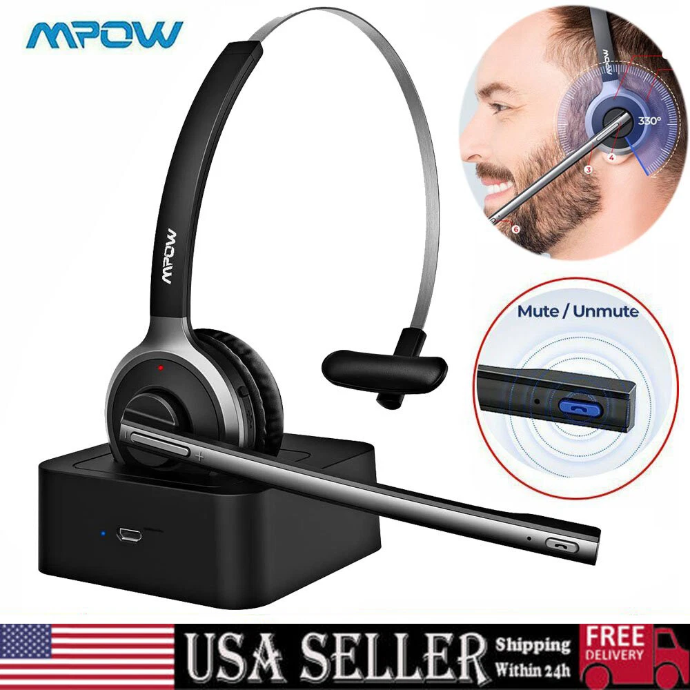 Mpow M5 Pro Bluetooth Headset Noise Cancelling Microphone w Charging Base Mute