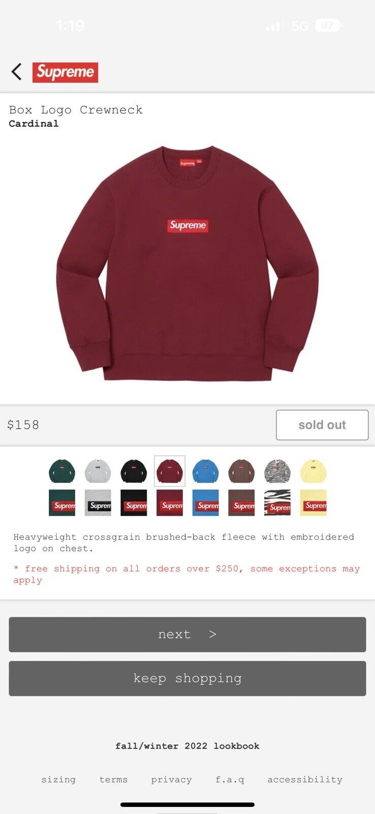 Supreme Box Logo Crewneck Cardinal Red FW22 Size XL - Brand New