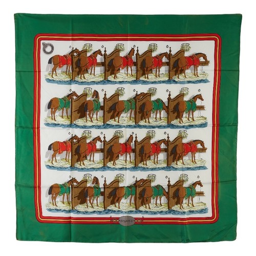 Hermes Carr 90 ECURIES Stable Horse Pattern Scarf Green Multicolor Silk Women