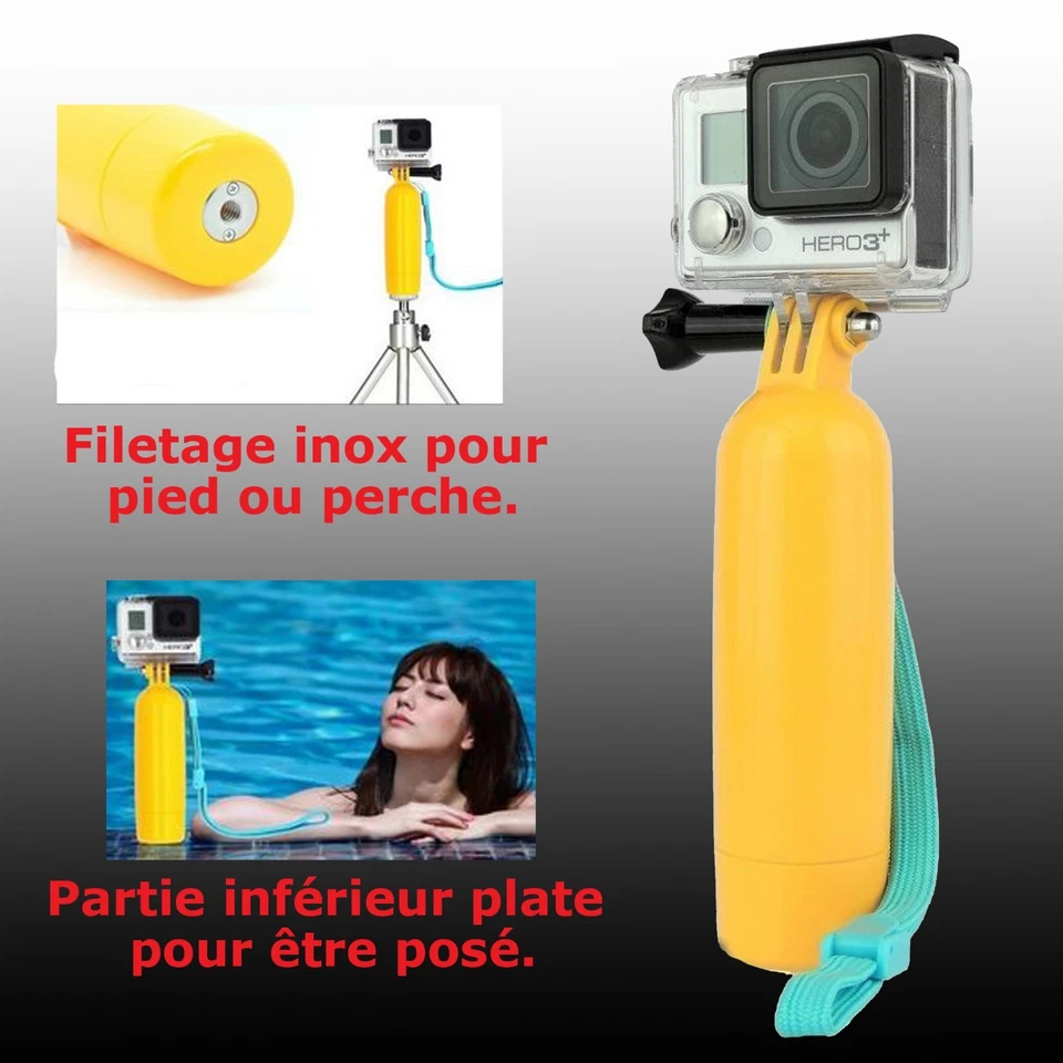 Poignée Flottante filetée pour GOPRO 2 3+ 4 5 6 7 + Vis + Dragonne BOBBER PNJ