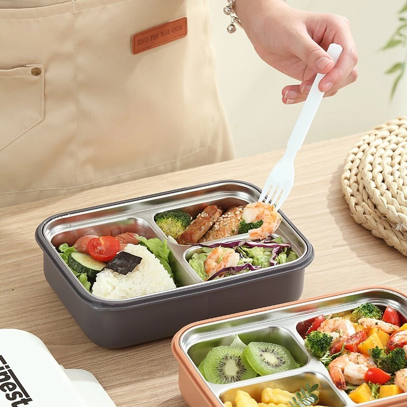 Caja Bento Acero Inoxidable, Lonchera con 3 Compartimentos, Utensilios/Frasco Salsa 900ML Foto 3 de 4