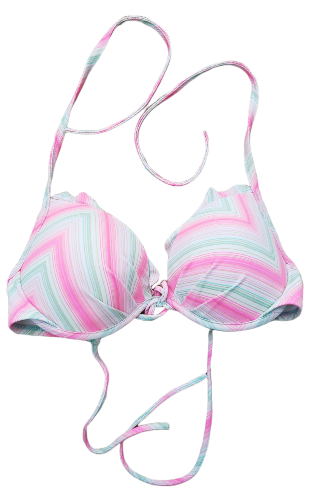 Victoria's Secret The Fabulous Push-Up Bikini Top 34D Ruffle Pink White Swimsuit