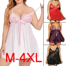 Women Sexy Lingerie Lace Babydoll Sheer Chemise Sleepwear Dress Pantie Plus Size