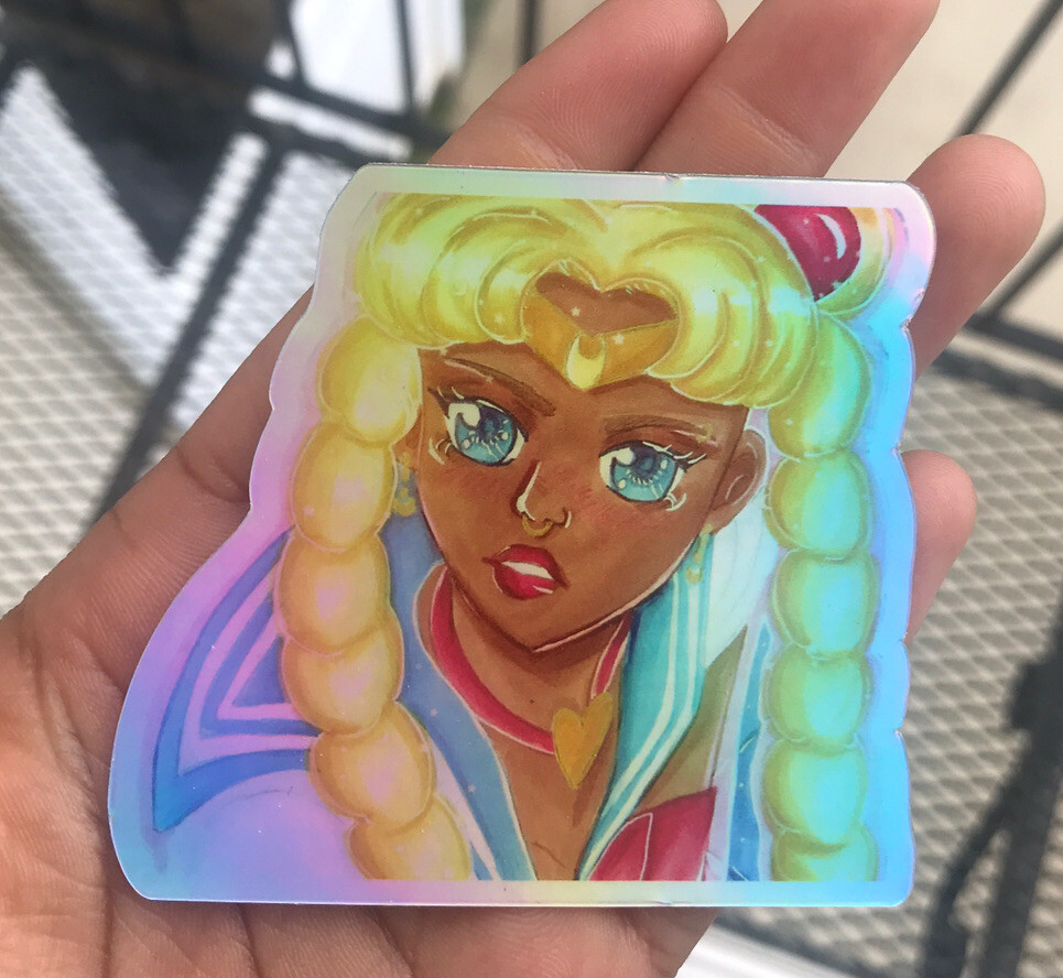 Colorful Black Sailor Moon Sticker Mule Holographic Hologram 3 inch