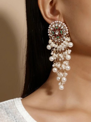 Pearl Chandelier Hoop Earrings Tassel Drop Dangle White Prom Wedding Pageant - Picture 5 of 6
