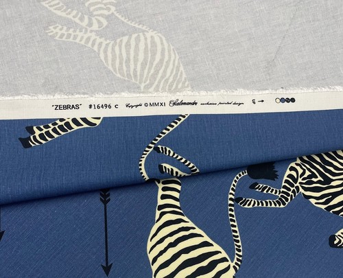 SCALAMANDRE ZEBRAS DENIM BLUE LARGE PRINT LINEN DESIGNER FABRIC BY THE YARD 54"W - Picture 5 of 7
