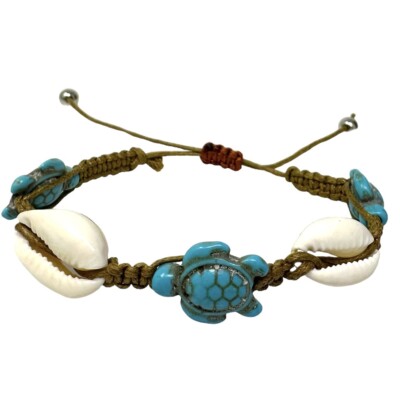 Turtle Bracelet with Turquoise Charms and Cowry Shells | Olive Green Cord