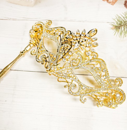 Clear Crystal Masquerade Mask with Stick, Gold Masquerade Mask, Wedding Party - Picture 3 of 7