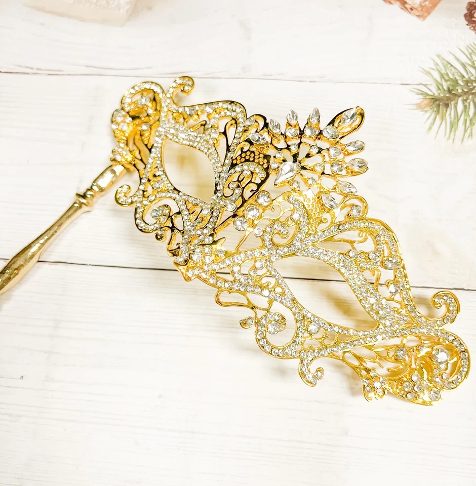 Máscara de Mascarada de Cristal Transparente con Palo, Máscara de Mascarada Dorada, Fiesta de Boda Foto 3 de 4