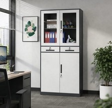 Tall Metal Office Cabinet 2 Door Lockable Storage Cupboard with Shelves Glass