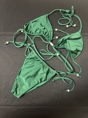 Mahina Swimwear Women's Bikini Top Bottom Green Pearls Beach Large Cruise