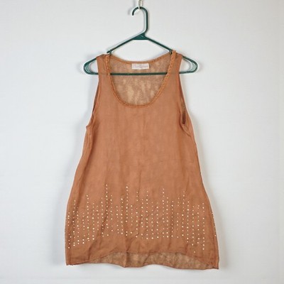 Pretty Angels Crystal Accent Mesh Sleeveless Tank Top Womens Medium Brown Boho