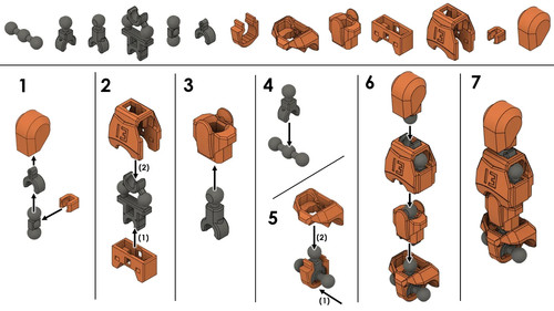 Lime black Lego-style articulated figure with multiple pieces in a row, showing connections and text “13” on various parts.