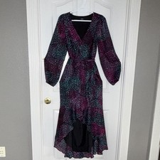 Express Women’s M Black Purple Blue Animal Print V-Neck Hi-Low Wrap Midi