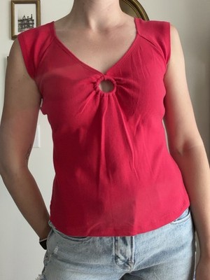Planet Gold 90s Red Cap Sleeve Ring V-neck Top Medium 100% Cotton