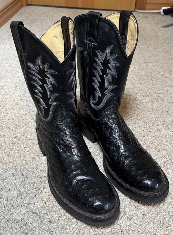 Justin 5003 Hombres Tekno Botas de Crepé Negro Pluma Completa Avestruz 11 1/2D EXCELENTES FS Foto 2 de 4