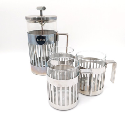 ALESSI Pressfilter 9094/8 1000ml (8 Tassen) aus Edelstahl/Glas Kanne + 3 Tassen