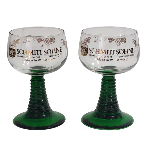 Set 2 Schmitt Sohne Wine Cordial Glasses Goblets Green Ribbed Stem W. Germany
