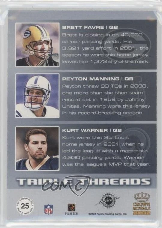 2002 Pacific Crown Royale Triple Threads Brett Favre Peyton Manning Kurt Warner - Image 2 of 2