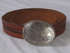 Tooled Leather Belt sz 32 Western Ornate Brown Ornate Metal Buckle BS012