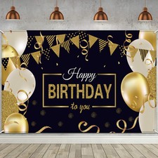 Black Gold Happy Birthday Backdrop Banner 185 x 110 cm Party Decoration