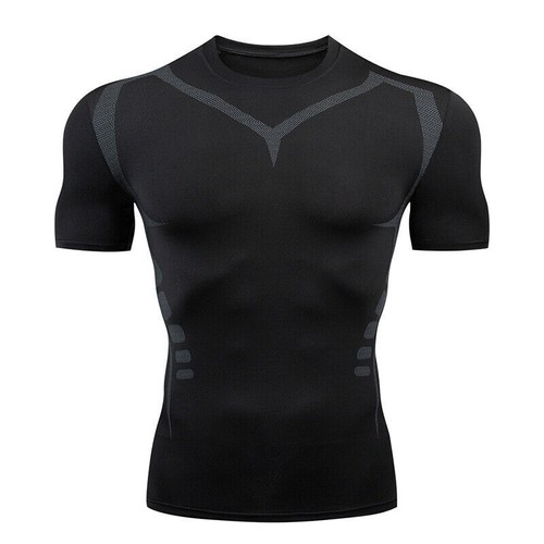 T-shirt uomo compressione manica corta strato base top palestra sport allenamento - Foto 10 di 17
