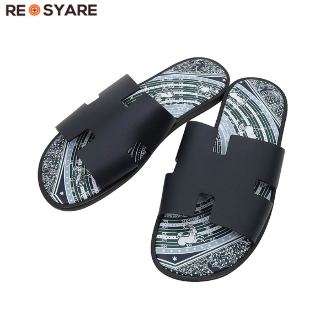 HERMES Men's Izmir Flat Sandals Slide Sandals Size 41 Dark Navy H Logo image 9