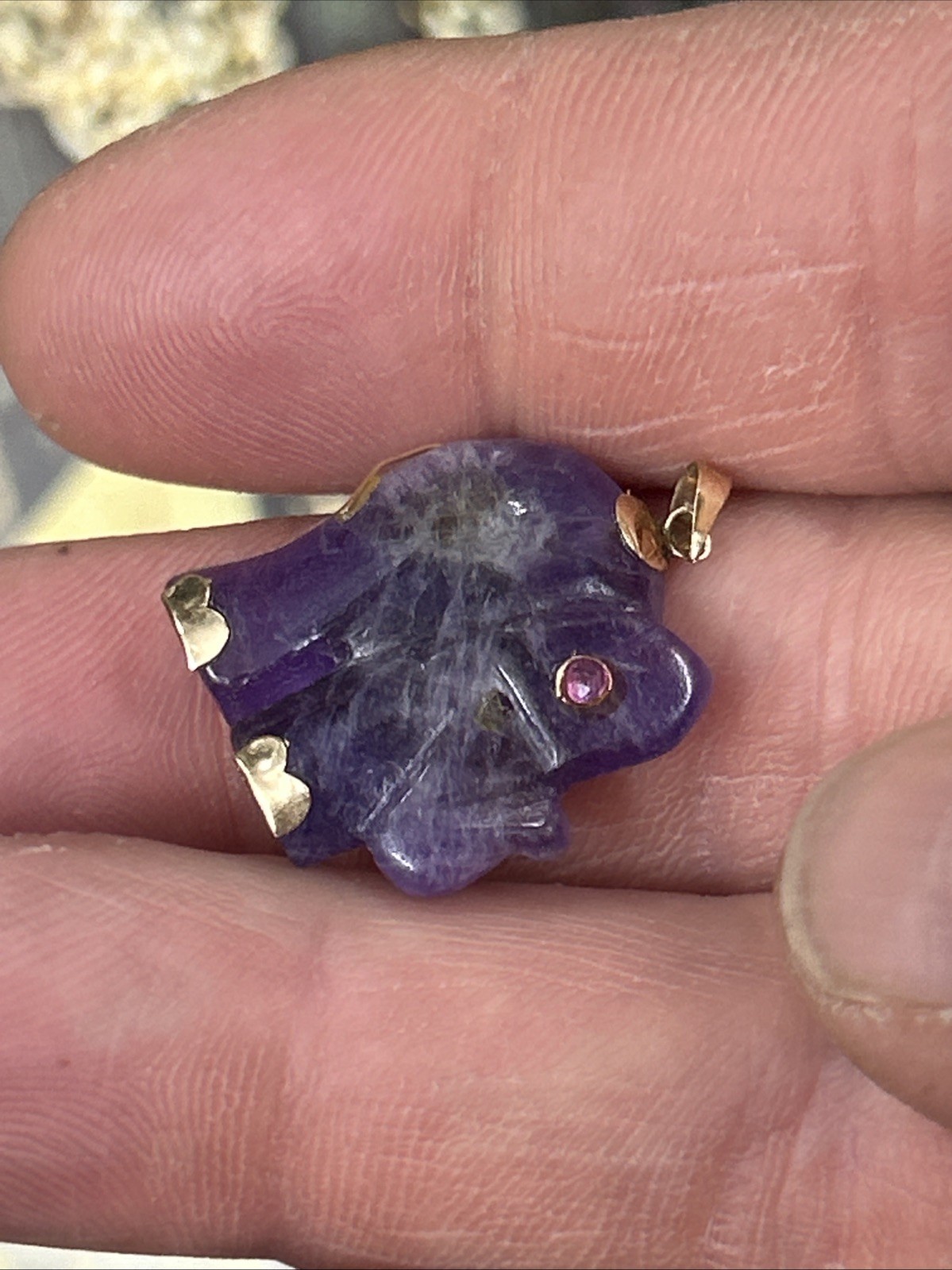 Solid 14k Yellow Gold Amethyst Ruby Elephant Pend… - image 6